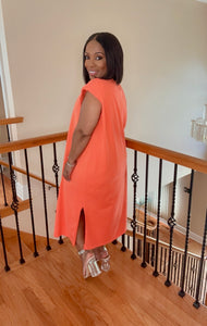 Orange Padded Shoulder Slit Dress