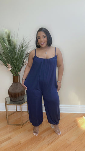 Casual Spaghetti Strap Jumpsuit with Pockets (Navy)
