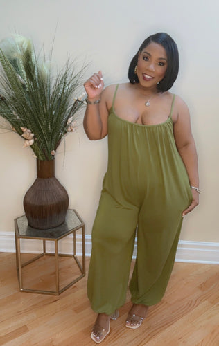 Casual Spaghetti Strap Jumpsuit with Pockets (Olive)